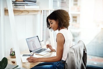 Poster - Writing, notebook and creative woman in office planning, work from home or brainstorming on computer in business startup. Young African person with technology, laptop and notes for design or reminder