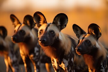 african wild dogs at sunset.ai generated
