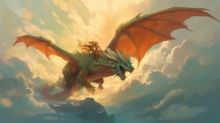 Wall Mural - A legendary dragon rider soaring through the skies on a magnificent dragon. Fantasy concept , Illustration painting. Generative AI