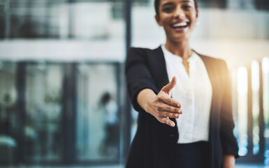 Poster - Hiring, success or happy businesswoman shaking hands in b2b meeting for project or contract agreement. Smile, handshake zoom or worker with job promotion, deal negotiation or partnership opportunity