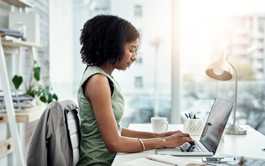 Poster - Corporate, entrepreneur and black woman with a laptop, typing and connection for website launch. Female professional, consultant and employee with a pc, technology and search internet for information