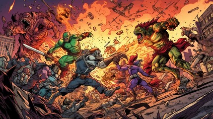  A comic-style illustration of a team of superheroes battling an alien invasion. Fantasy concept , Illustration painting. Generative AI