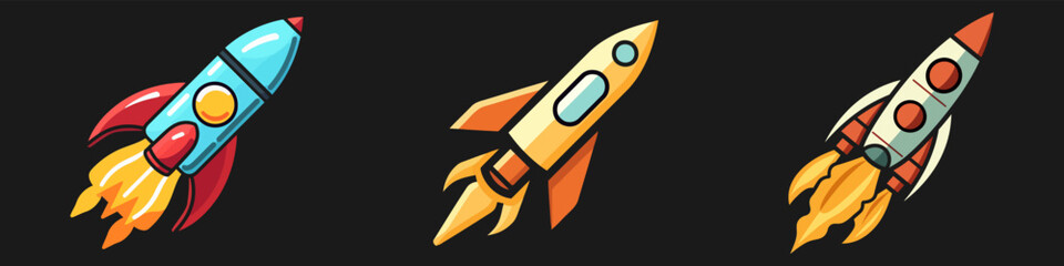Poster - Set of cartoon rocket space ship take off, isolated vector illustration. Simple retro spaceship icon