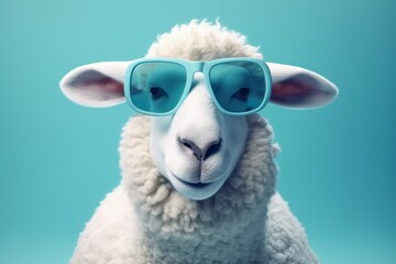 Wall Mural - Funny cute sheep in sunglasses with happy emotion. AI generated, human enhanced