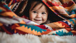 A happy baby hiding behind a pile of colorful towels by generative AI