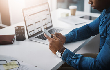 Aufkleber - Closeup, hands and man with a smartphone, business and typing with communication, network and contact. Male person, employee or consultant with a cellphone, mobile app and connection for social media