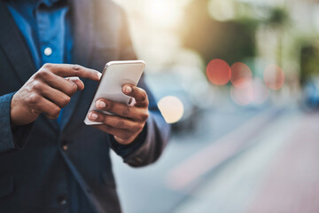 Aufkleber - Business, phone and hands of man in city for networking, online website and social media contact. Communication, mobile app and male person on smartphone for email, research and travel gps in street