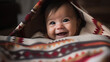 © Gary - A happy Native American baby hiding under a colorful blanket by generative AI