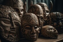 Assorted Wooden African Masks Adorned With Seashells And Engravings. Generative AI
