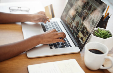 Aufkleber - Laptop, hands and payment with credit card for online shopping, e-commerce or internet store. Closeup of female entrepreneur at desk with keyboard for banking, booking or fintech website for business