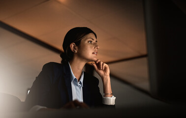 Wall Mural - Thinking, night work and problem solving, woman in office reading email or online report idea at start up agency. Corporate overtime, challenge and focus, businesswoman at desk working late on ideas.