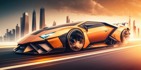 Poster - Elegant luxury super sports car future design driving on modern city highway Generative AI