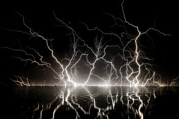 Wall Mural - Lightning strike on black background stormy sky made with generative AI