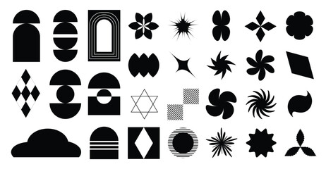 Collection of geometric shapes on white background. Abstract black color icon element of flower, cloud, pixel, sparkling, different shapes. Icon graphic design for decoration, logo, business, ads.