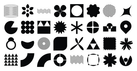 Collection of geometric shapes on white background. Abstract black color icon element of flower, wave, sparkling, different shapes, ring. Icon graphic design for decoration, logo, business, ads.