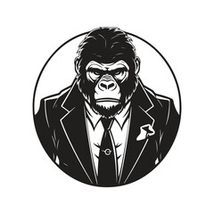 Wall Mural - gorilla wearing suit, vintage logo line art concept black and white color, hand drawn illustration