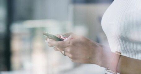 Wall Mural - Business woman, hands and phone texting for social media, communication or networking at the office. Hand of female employee typing, online browsing or chatting on mobile smartphone app at workplace