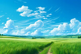 Fototapeta Tęcza - Refreshing Summer Landscape with Blue Sky and Lush Green Grass, generative Ai