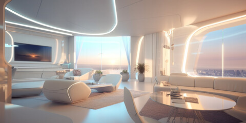 3d rendering luxurious interior design and spacious living room with huge floor to ceiling panoramic