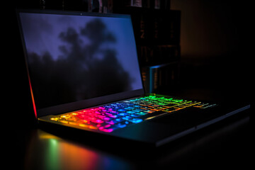 Poster - Closeup of a laptop with colorful lights on a dark background. Generative AI