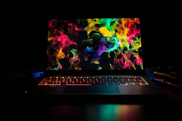 Poster - Closeup of a laptop with colorful lights on a dark background. Generative AI