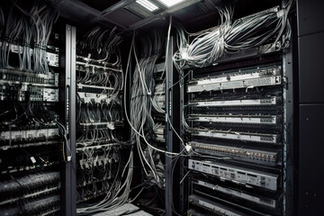 Poster - network server room with lots of cables ready for data transfer - technology background. Generative AI