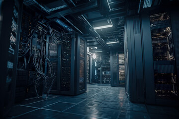 Poster - network server room with lots of cables ready for data transfer - technology background. Generative AI