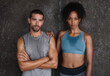 © A. Frank/peopleimages.com - Fitness, wall background and portrait of man and woman for cardio workout, body builder training and exercise. Sports, focus and couple sweat after running for endurance, wellness and energy outdoors