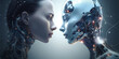 Humanoid woman and robot couple, LGBT concept. Beautiful futuristic humanoid android womans, romantic relationships. Love AI Generated