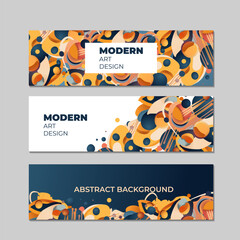 Art exhibition banners, modern exposition. Abstract background with colorful painting stains. Modern paints, acrylic design. Vector horizontal banner of gallery or museum