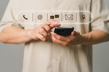 Poster - Client man using a mobile phone with the virtual screen on the call phone, email, address, chat message and map icons. Customer support hotline contact us people connection concept.