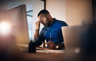 Aufkleber - Headache, eye strain and businessman in the office at night working on deadline project. Burnout, stress and professional male employee with migraine doing research on computer overtime in workplace.