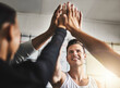 © Donson/peopleimages.com - Success, teamwork and high five of people in gym for motivation, support and target. Workout, exercise and training with hands of friends in sports center for team building, challenge and achievement