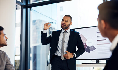 Leinwandbilder - Presentation, meeting and growth with a business man talking to his team in the office boardroom. Training, seminar and finance with a coach teaching staff using a graph display during a workshop