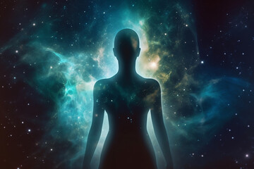 Wall Mural - State of mind, meditation, esoteric and spiritual life. Woman dark silhouette in space background. Afterlife and connection with other worlds. Generative AI