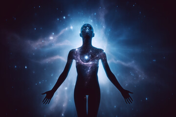 Wall Mural - State of mind, meditation, esoteric and spiritual life. Woman dark silhouette in space background. Afterlife and connection with other worlds. Generative AI