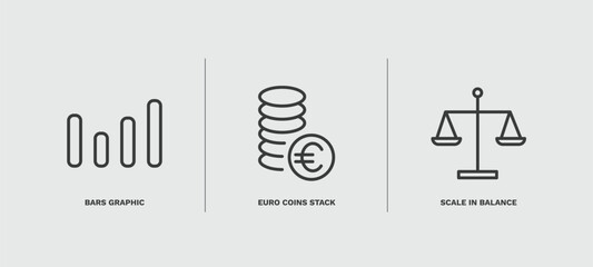 set of business and finance thin line icons. business and finance outline icons included bars graphic, euro coins stack, scale in balance vector.