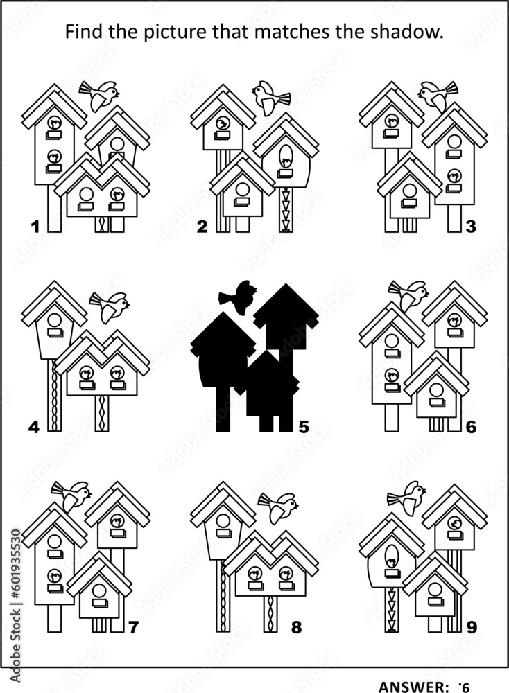 Shadow game with birds and birdhouses: Find the picture that matches ...