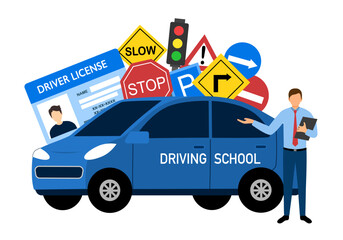 Driving school concept vector illustration. Training car, driving instructor and traffic symbol in flat design on white background.