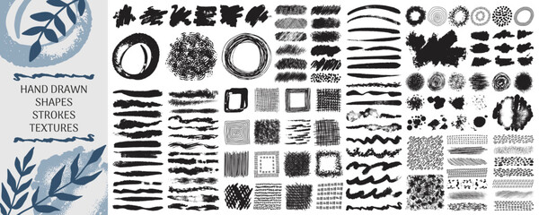 Poster - Brush graphic elements. Organic nature, line and circle strokes, black textures collection, rough smears, pattern shapes for handmade design. Vector abstract isolated brushstrokes