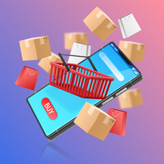 Aufkleber - Online shopping. 3D smartphone. Parcel boxes. Shop basket. Business marketing. Floating phone. Boutique sale. Order delivery. Store website. Credit card and receipt. Vector background