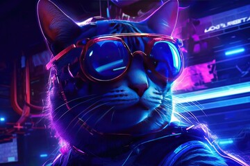 The cat's fur is dark and fluffy, with a shiny sheen. The sunglasses add a pop of color to the otherwise monochromatic image Generative AI