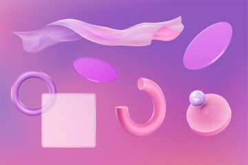 Poster - 3D glass shapes. Abstract geometric elements. Squares and circles. Crystal ball objects. Round disc or sphere float. Flying cloth. Glossy gradient figures set. Vector realistic design