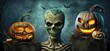 Three pumpkins on a wooden fence in front of a dark cloudy sky. Pumpkins are carved with faces and have glowing eyes. The picture is scary and mysterious, with a dark gloomy atmosphere Generative AI