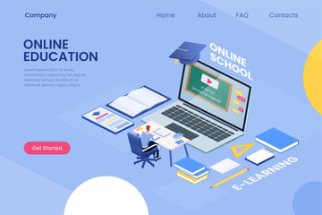 Poster - Online education landing. Studying in school and university. 3D computer concept. Students note book for web library or business course. E-learning by video. Vector website template