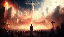 In The Center Of The Image, A Large Statue Of A Man Stands On A Hill, Surrounded By Flames. The Statue Is That Of Jesus Christ, With Outstretched Arms And A Serene Expression On His Face Generative AI