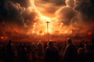 The people are dressed in dark clothing, and they stand in a line, facing the cross. Some of them hold their hands up in prayer, while others look up at the sky Generative AI