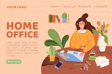 Fototapete - Home office landing. Freelance work. Business woman remote webinar. Worker at computer. Employee or manager in digital. Laptop and stationery on table. Vector illustration website design