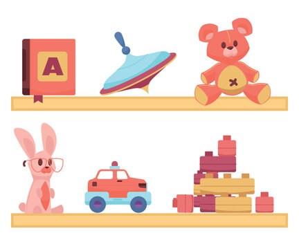 Wall Mural - Cute toys. Playthings for children. Colorful balloons and plush animals. Whirligigs or machines on shelves. Book for learning alphabet. Construction blocks. Vector playroom elements set