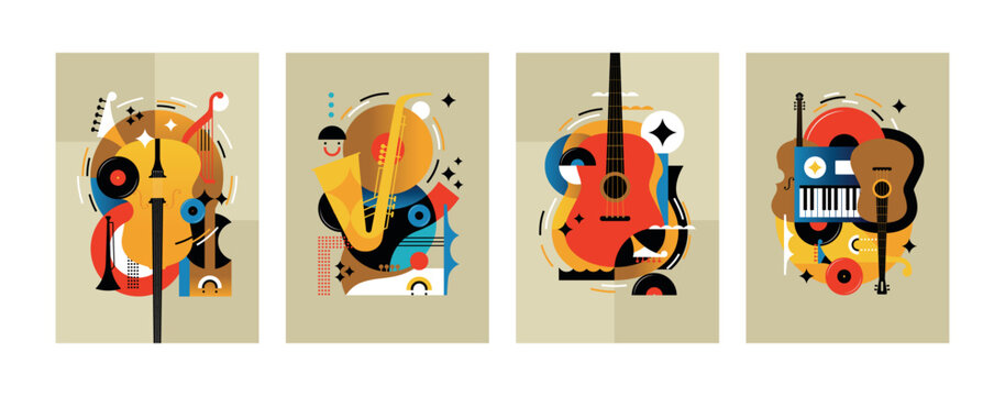 Wall Mural - Jazz music. Concert instruments, posters with piano, saxophone and guitar, abstract orchestra graphic covers. Geometric background, prints and invitation. Vector cartoon flat illustration
